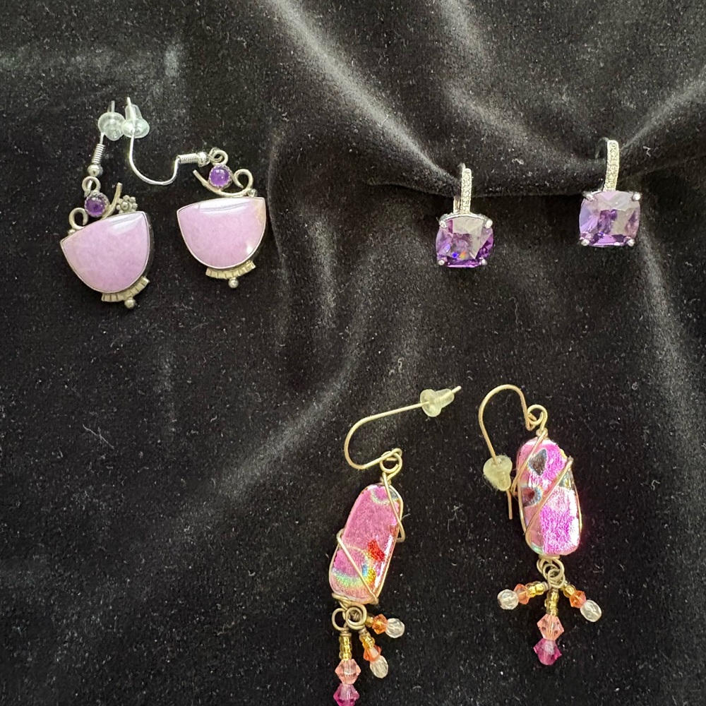Three Handmade Craft show Designer Earrings Good condition Never Worn Pink.